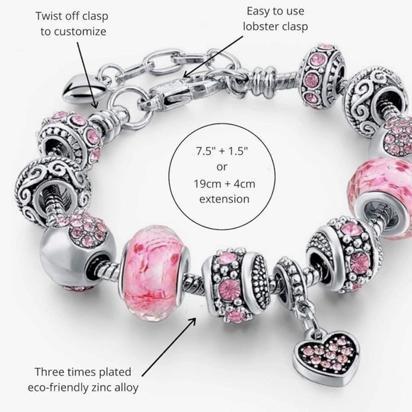 Silver and pink beaded bracelet like Pandora full bracelet 7.5 inches - Picture 3 of 3
